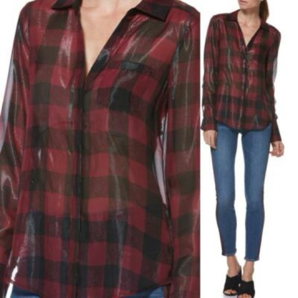 Paige Black & Red Plaid Metallic Sheer Top
